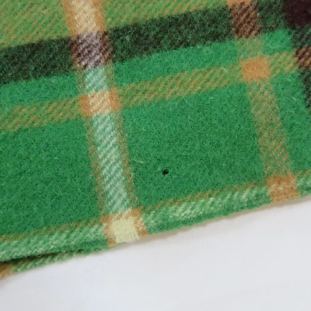 Paris Woolen Mills Wool Shawl Blanket Green Beige Plaid Oregon 46x34 +Fringe Vtg